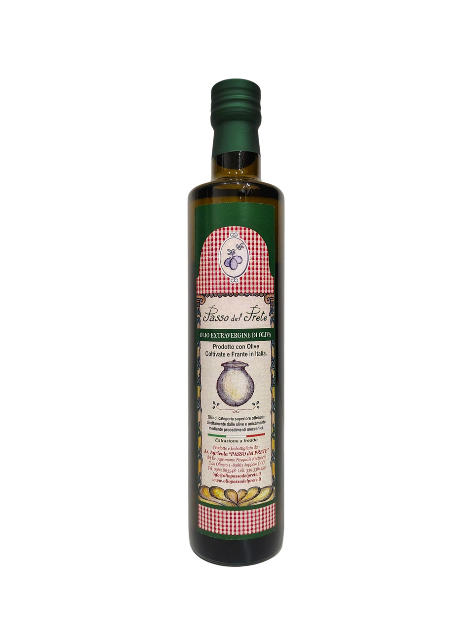 Olio Extravergine di Oliva calabrese estratto a freddo in bottiglia da 500ml.